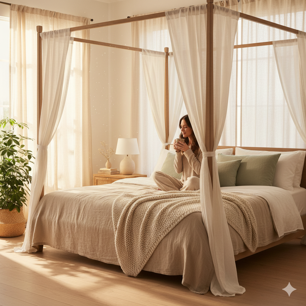 Comparison of King Canopy Bed with drapes and Four Poster Bed in a shared interior