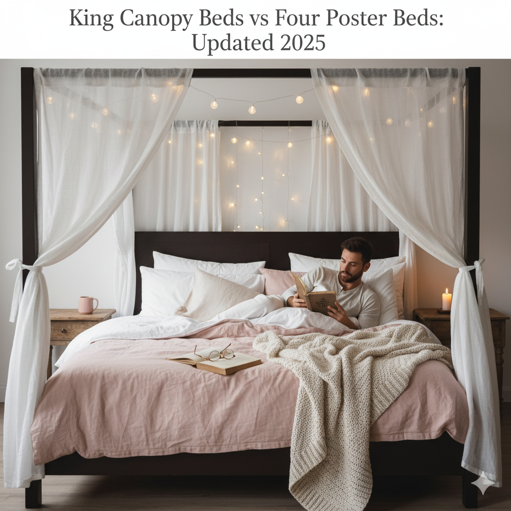 King canopy bed with dramatic velvet curtains in a luxurious bedroom