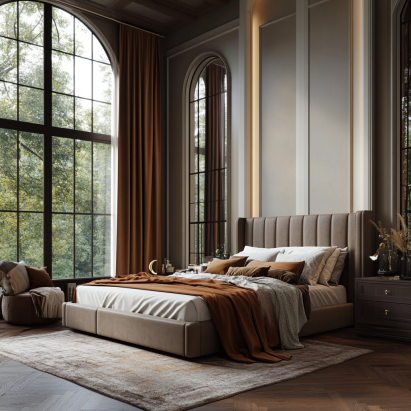 California King bed in a spacious bedroom showing its extended length and king size bed mattress dimensions.