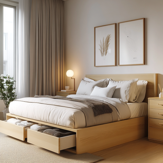 Functional space-saving furniture in a minimalist bedroom