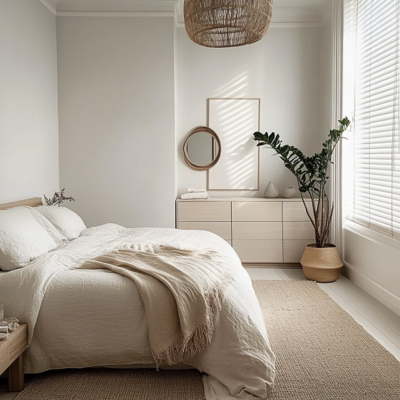 Minimalist bedroom decor with smart storage solutions to keep the space clutter-free