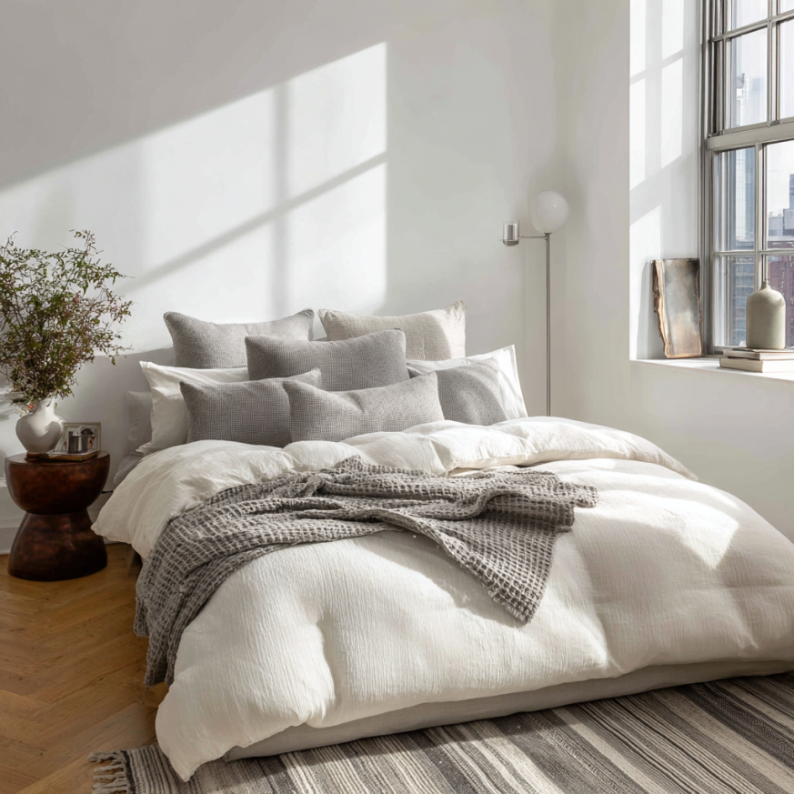 oversized pillows used sparingly — small bed space tips