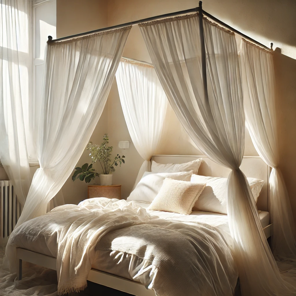 Romantic canopy bed ideas with sheer white curtains in a bright bedroom