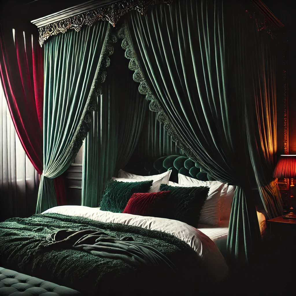 Modern canopy bed design with soft lighting and draped curtains