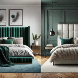Modern bedrooms showing velvet and non-velvet upholstered bed frames side by side