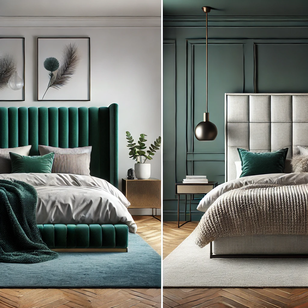 Velvet bed frame next to modern upholstered bed