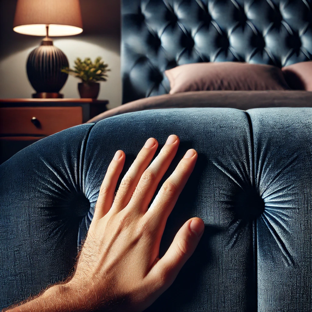 Close-up of velvet and upholstered bed textures