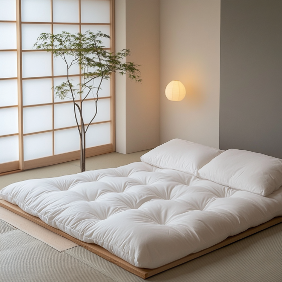 Traditional Japanese futon setup with a shikibuton and kakebuton on a tatami mat.