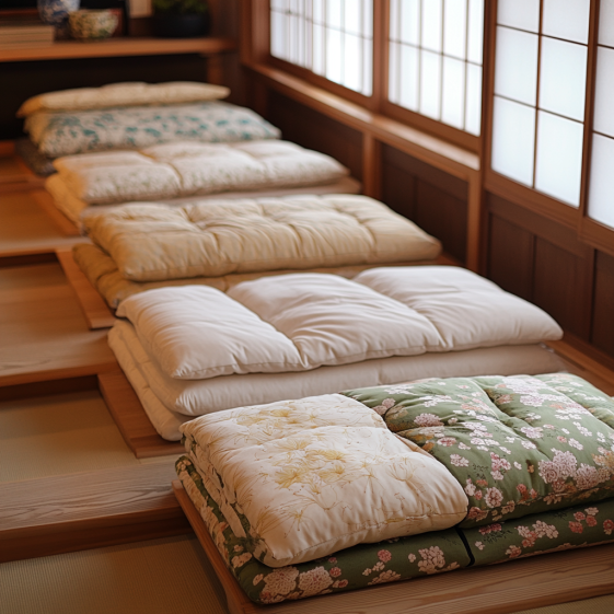 Japanese futon rolled up for storage, showcasing its minimalist and space-saving design.