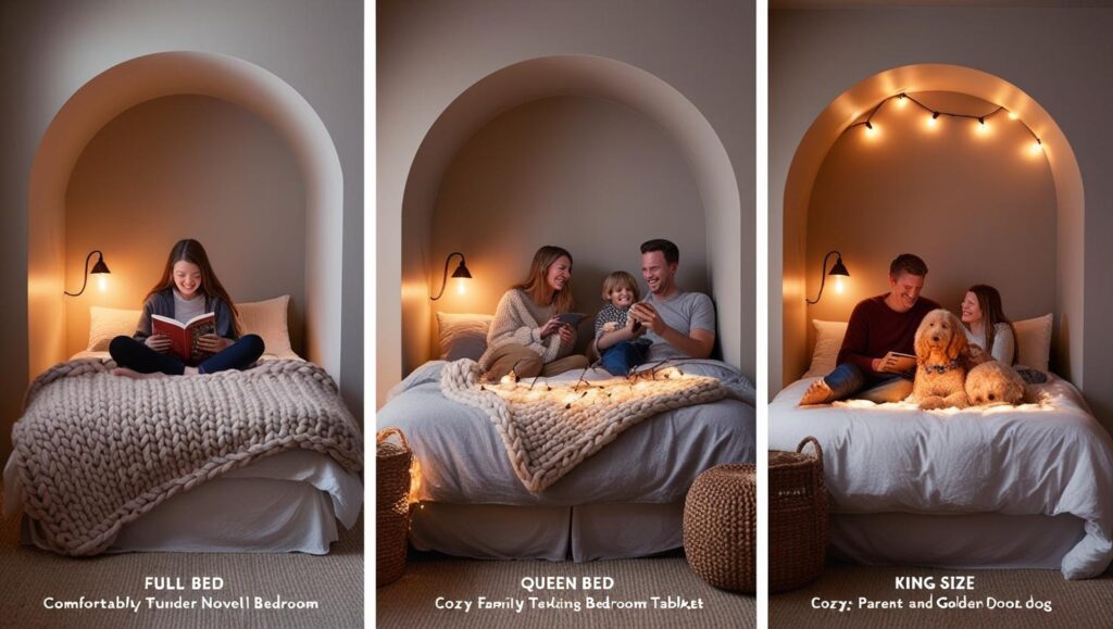 Full vs queen vs king bed width shown in cozy nooks with family, pets, and warm, textured lighting.