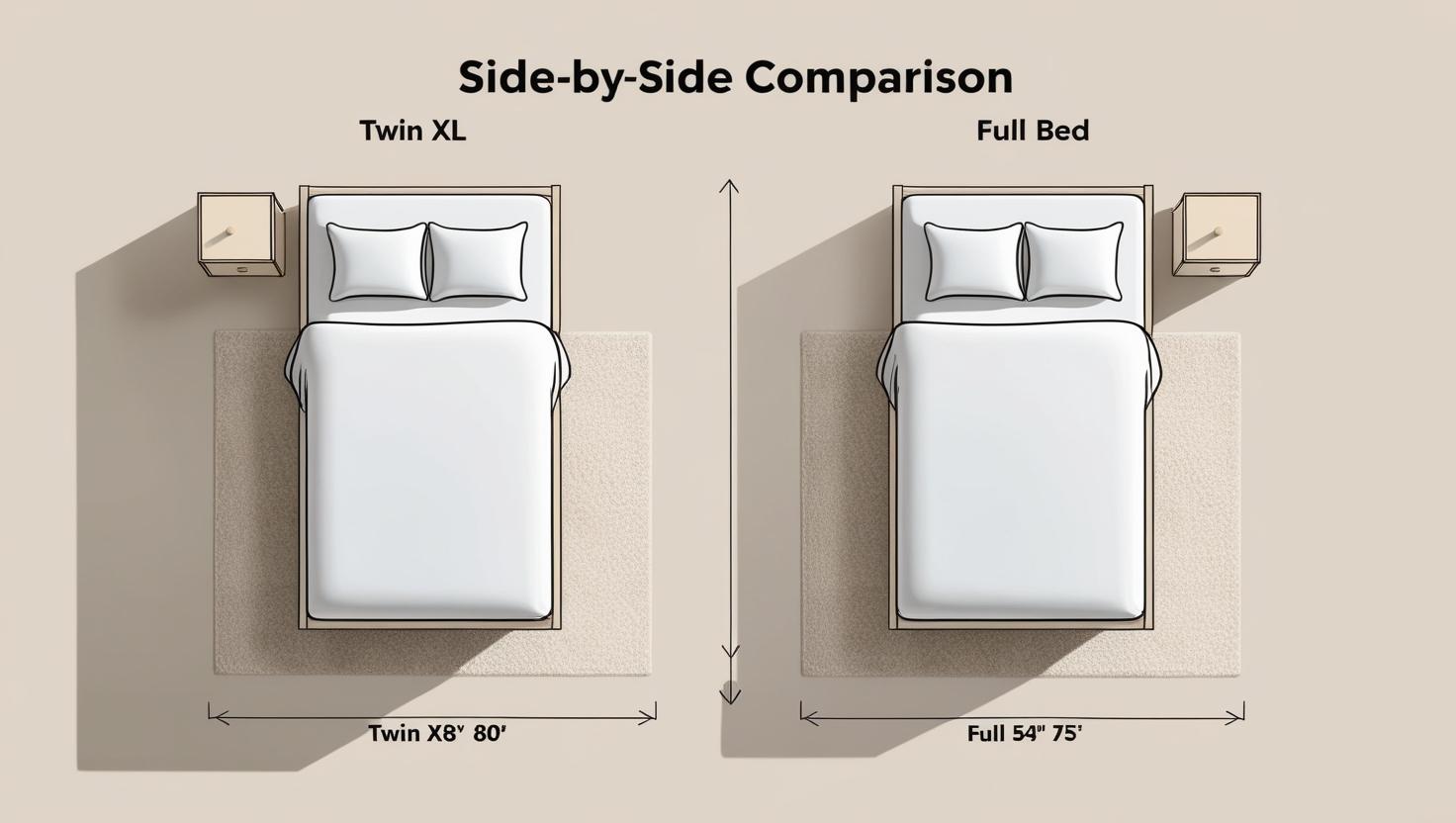 full vs twin xl bed width shown with top-down room layout and dimensions