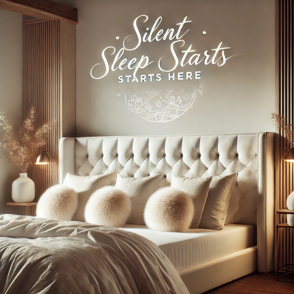 Peaceful bedroom showcasing mattress and bed frame noise fixes with “Silent Sleep Starts Here” overlay.