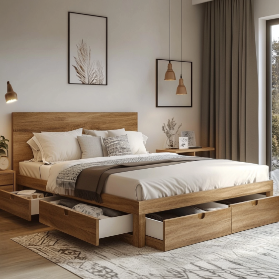 modern bedroom with a space-saving bed frame solution