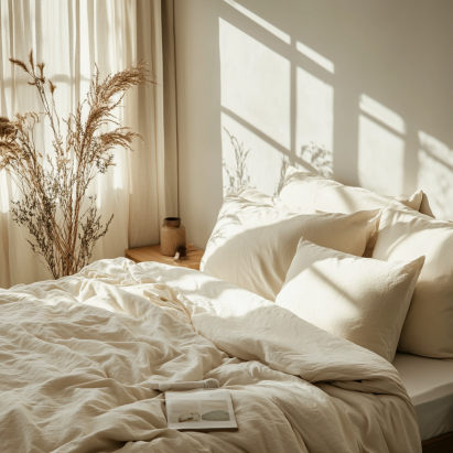 Organic cotton sustainable bedding set in a minimalist, eco-conscious bedroom.