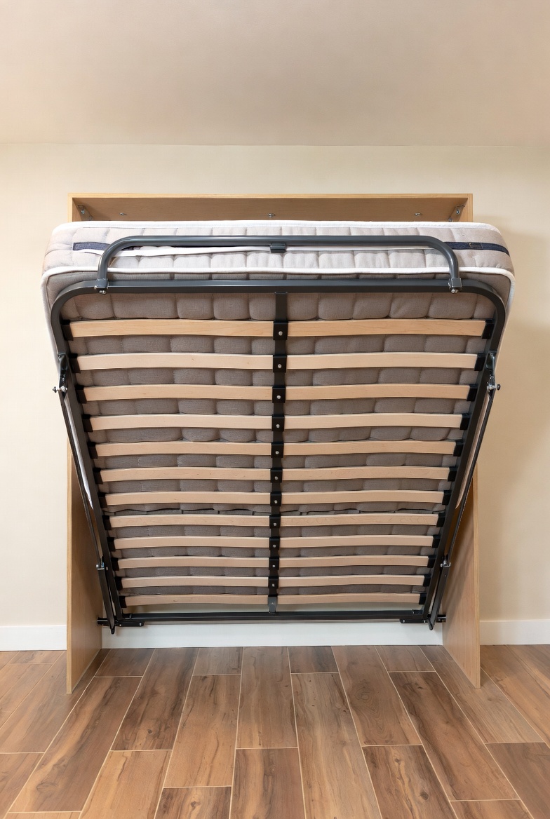 Murphy Foldable Bed Frames folded up into wall cabinet, revealing extra living space in modern bedroom
