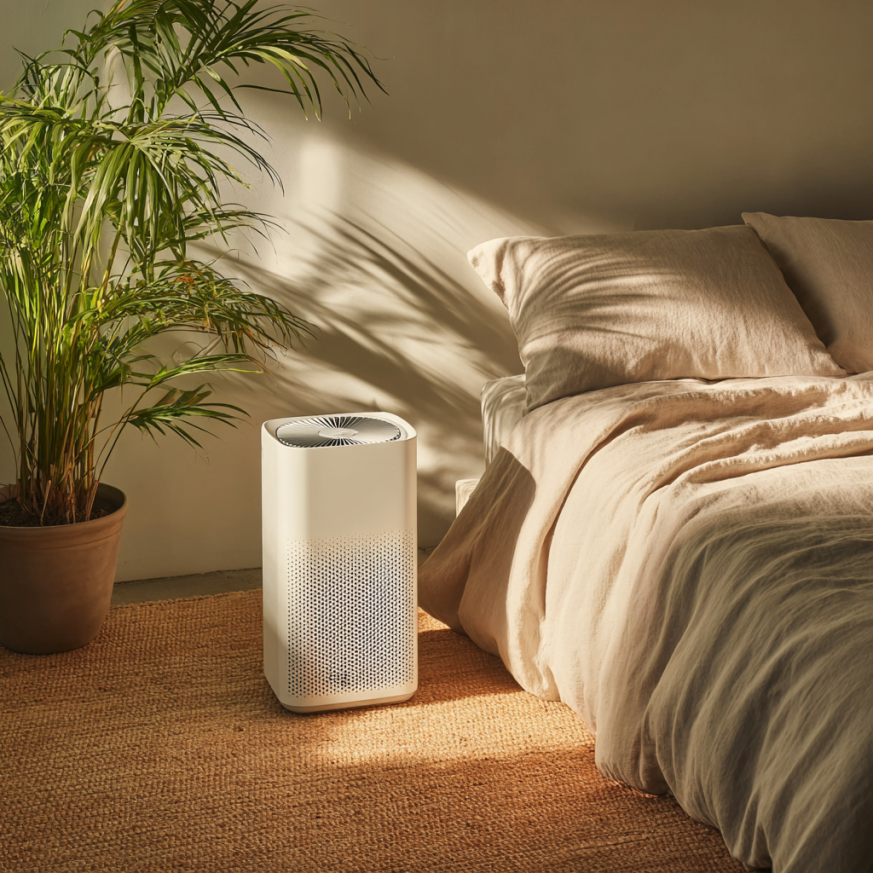 Air Purifier Running Beside a Mattress