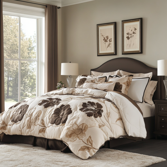 Ashley Furniture bedding sets styled with pillows and neutral accents in a modern bedroom.