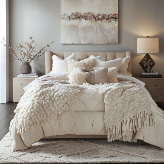 Neutral-toned Ashley Furniture bedding sets styled with layered throws and decorative pillows.
