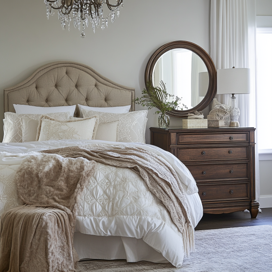Tufted Ashley Furniture bedding sets beside a mirrored dressing vanity table.
