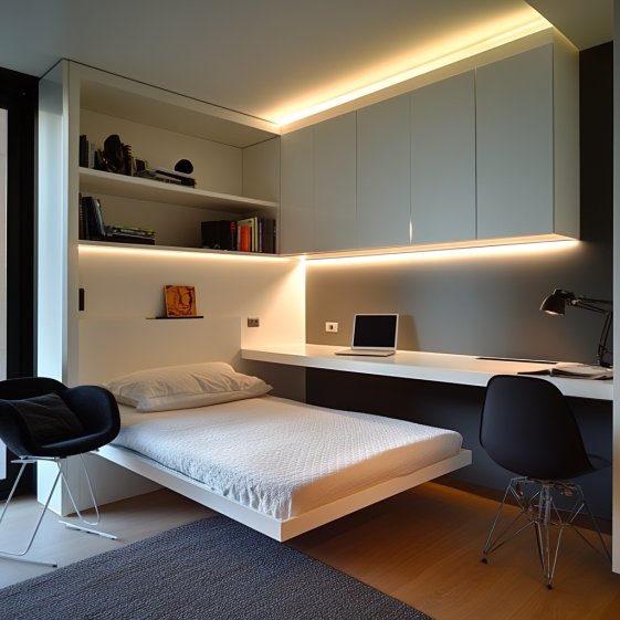 Modern studio with a Bed That Folds Into the Wall, featuring a minimalist setup and space-saving furniture.