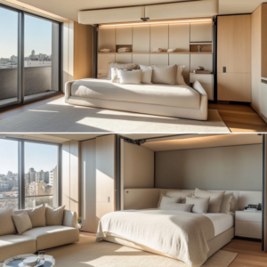 Neutral living room with foldable sofa and hidden bed that folds into wall.