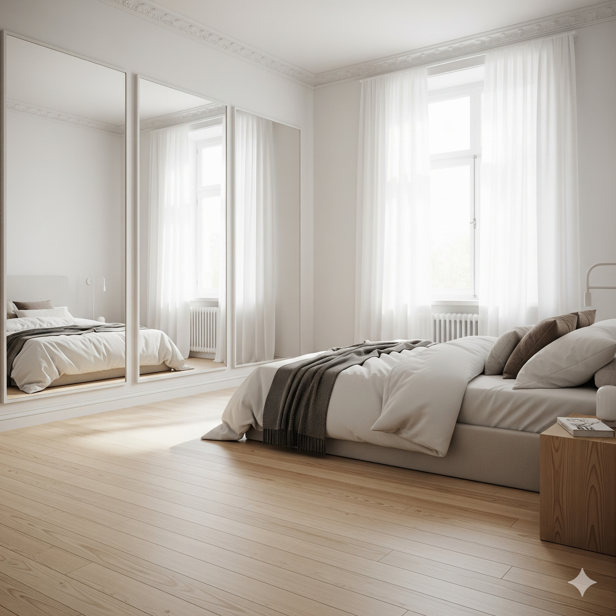 Bedroom mirror reflecting natural light and greenery for a brighter space.