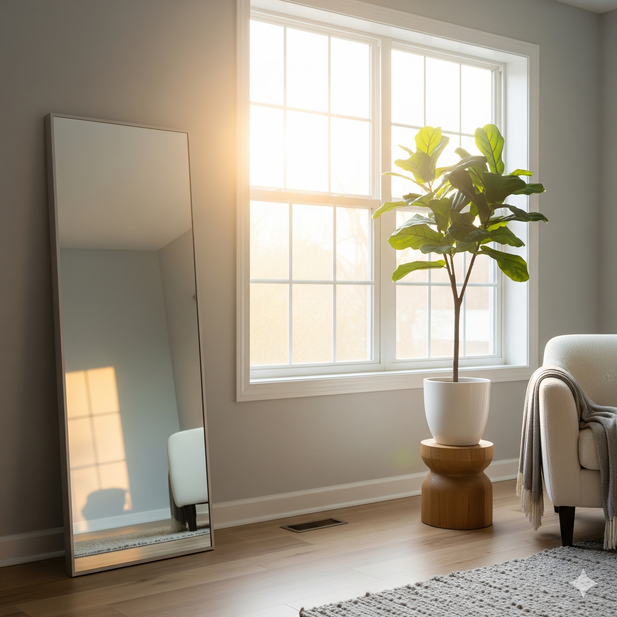 Gallery wall of bedroom mirrors reflecting natural light for a cozy, stylish design.