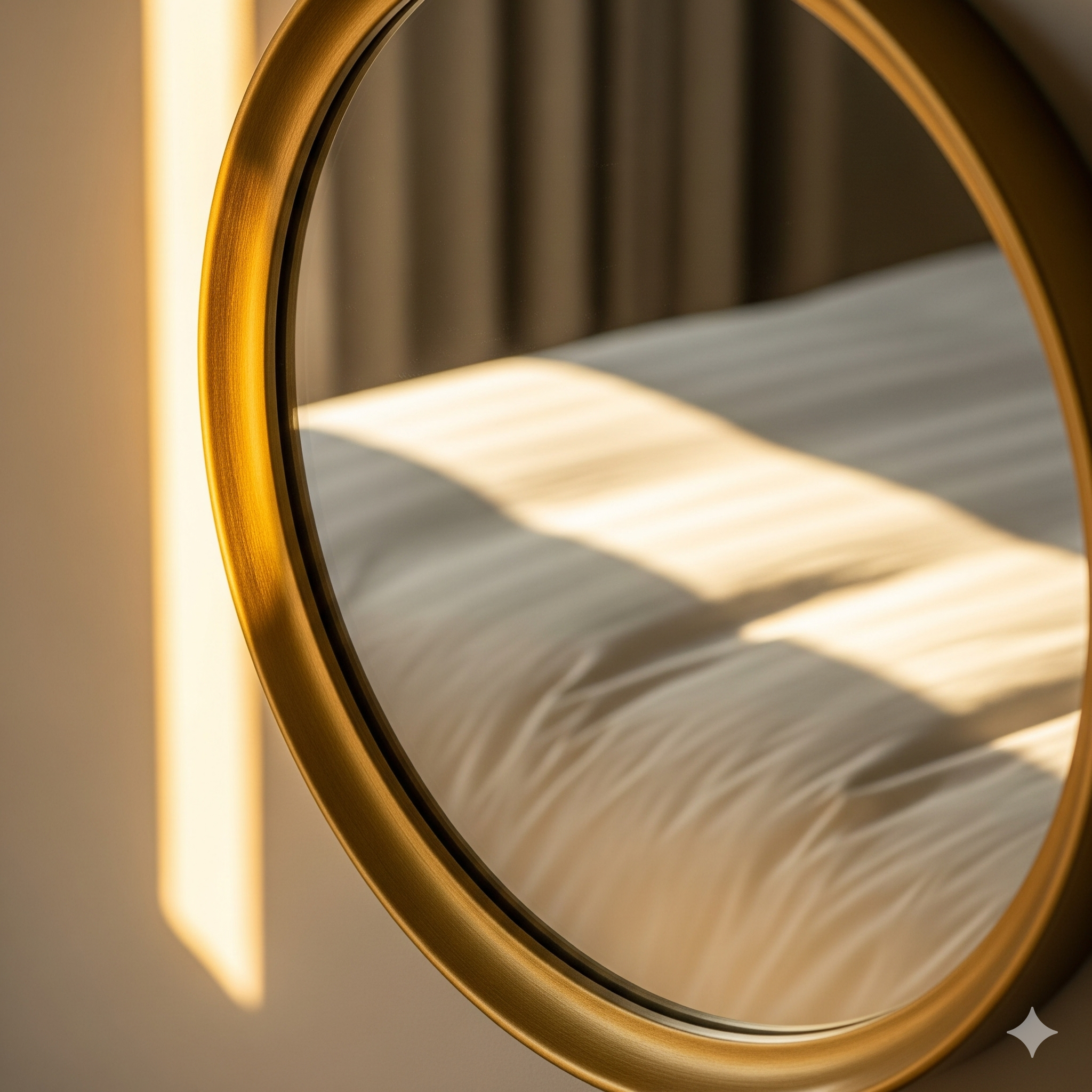 Statement mirror above bed reflecting natural light in a cozy bedroom.