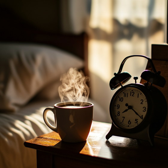 Coffee on nightstand with alarm clock, symbolizing caffeine and sleep conflict