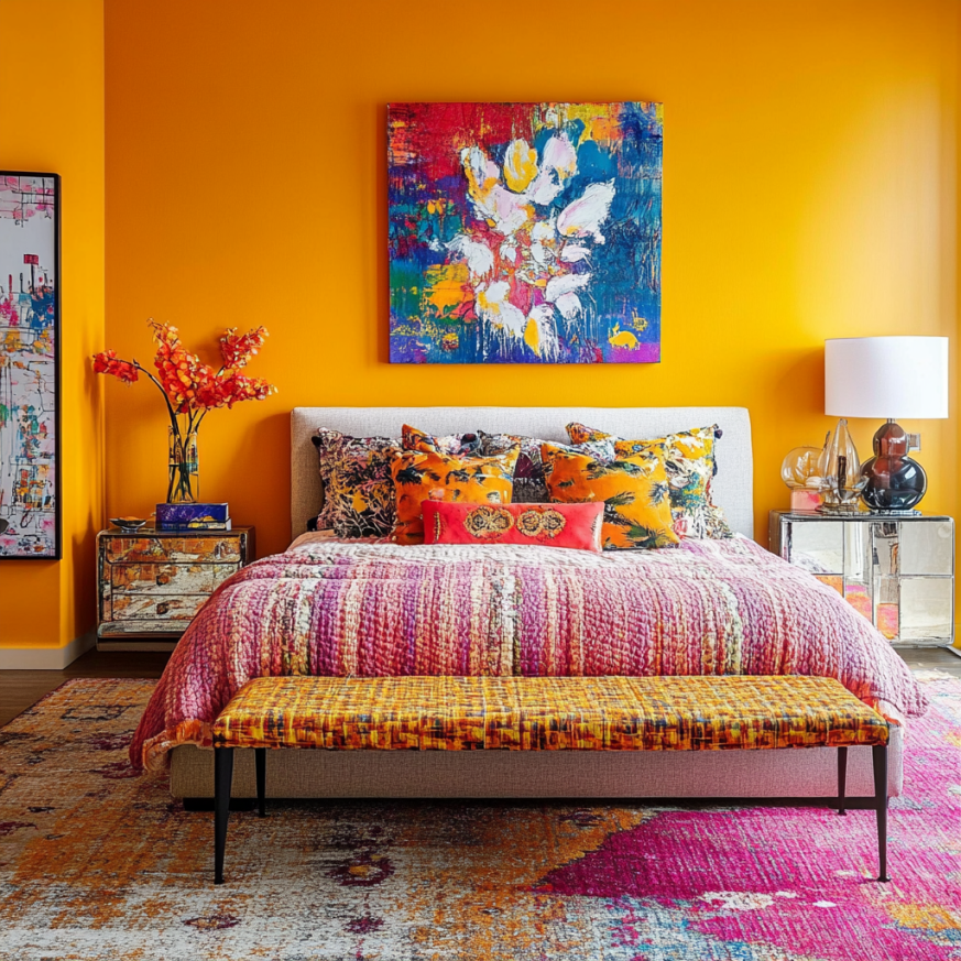 bold bedroom decor with layered colors and velvet pillows