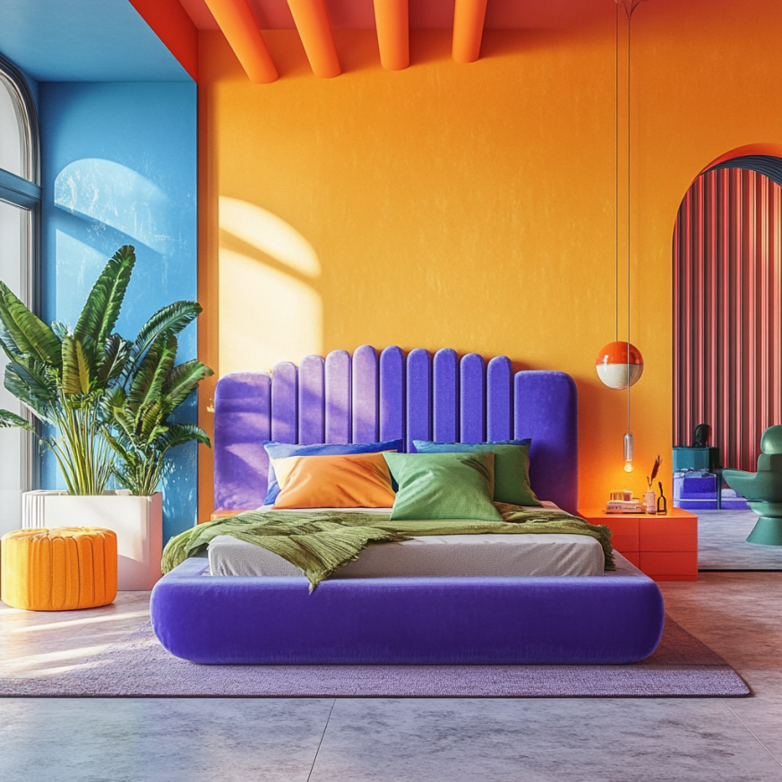 A modern space uses colorful bedroom decor with an orange-and-blue statement wall, plush bed, and layered pillows for visual balance.