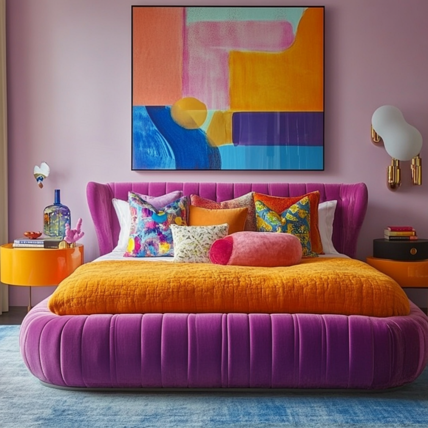 bold bedroom decor with colorful textures and vintage quilt