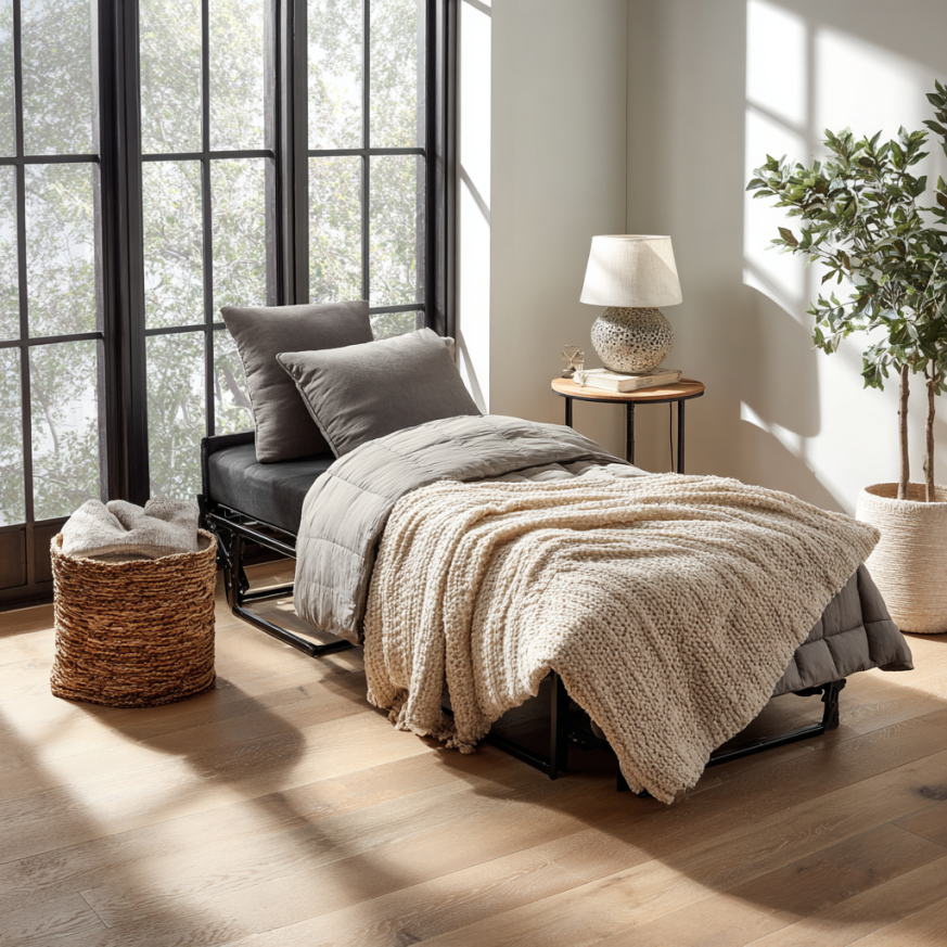 folding twin bed in cozy guest room