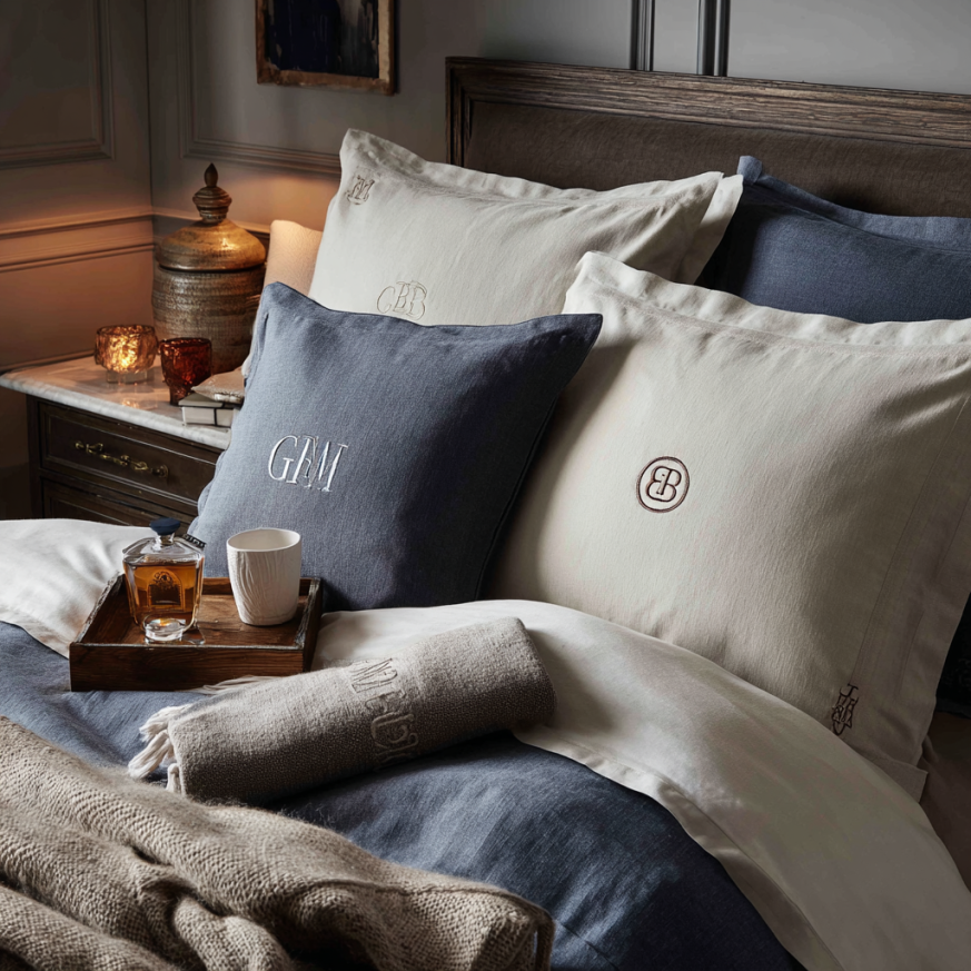 Custom monogrammed luxury bedding—fashion-inspired bedding
