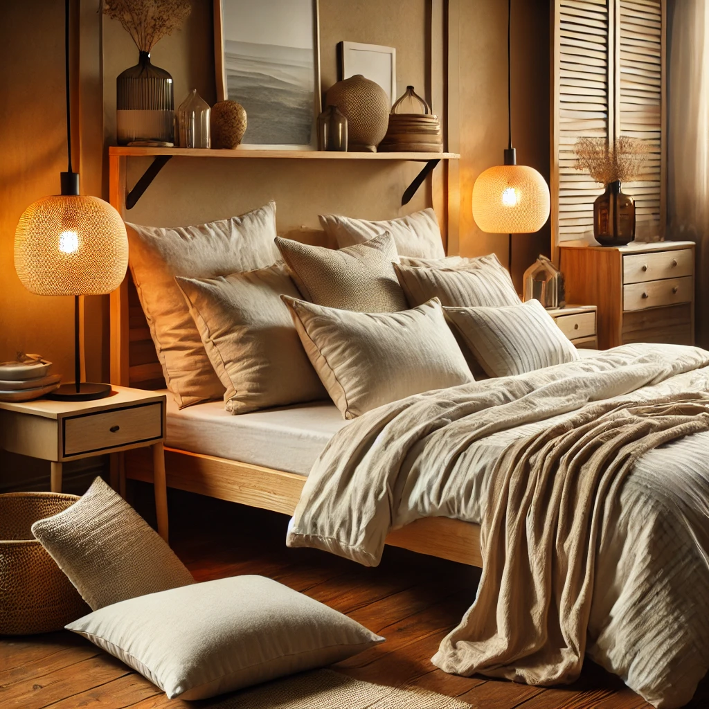 "A cozy bedroom featuring organic bedding materials, including organic cotton sheets, bamboo pillows, and a linen duvet. The room is styled with warm, neutral tones, soft lighting, and wooden furniture, creating a relaxing and eco-friendly sleep environment."