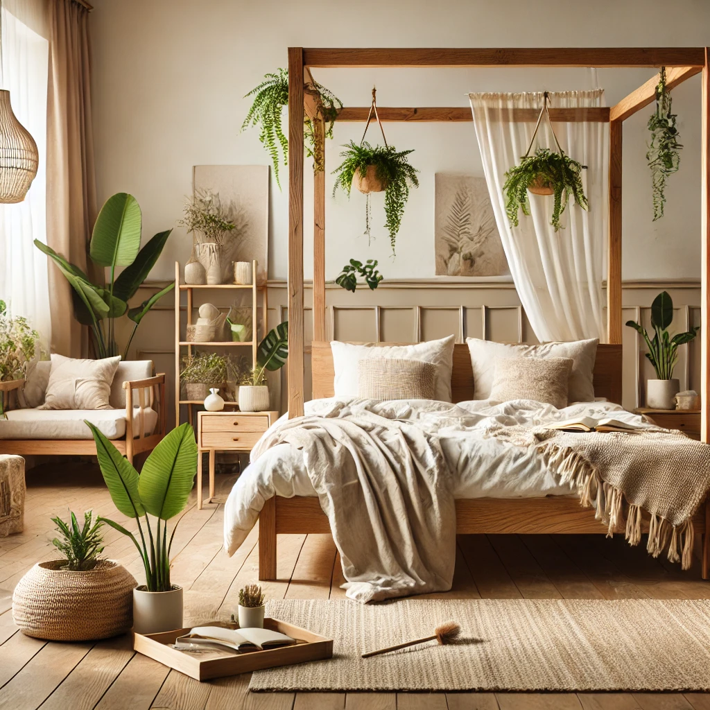 Eco-conscious bedroom furniture design with sustainable wood and organic bedding
