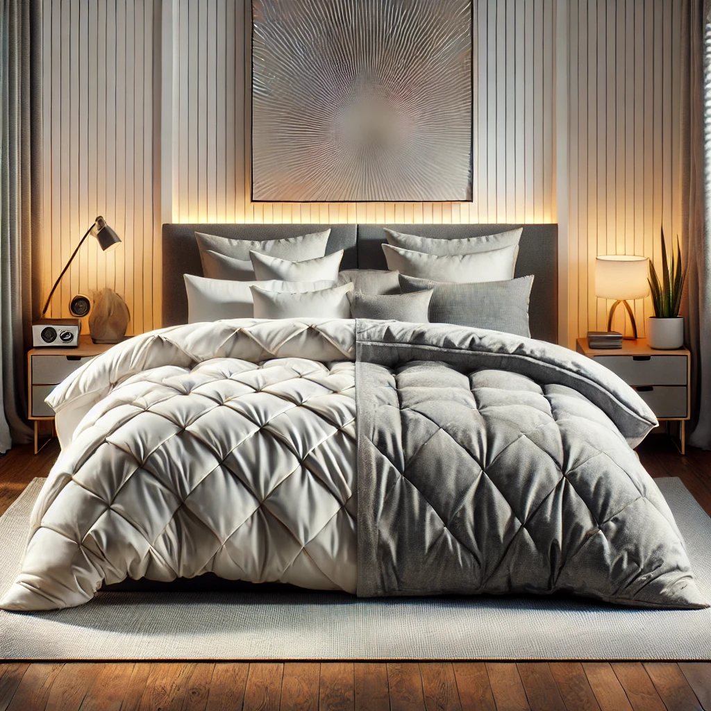 Modern bed with a duvet and comforter side-by-side illustrating differences