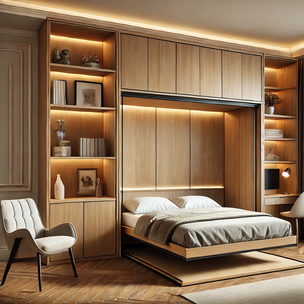 Foldable bed frame Murphy bed studio apartment cozy and minimalist