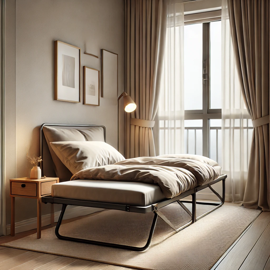 Tri-fold single folding bed sleeping option stored under a bed in a tidy room