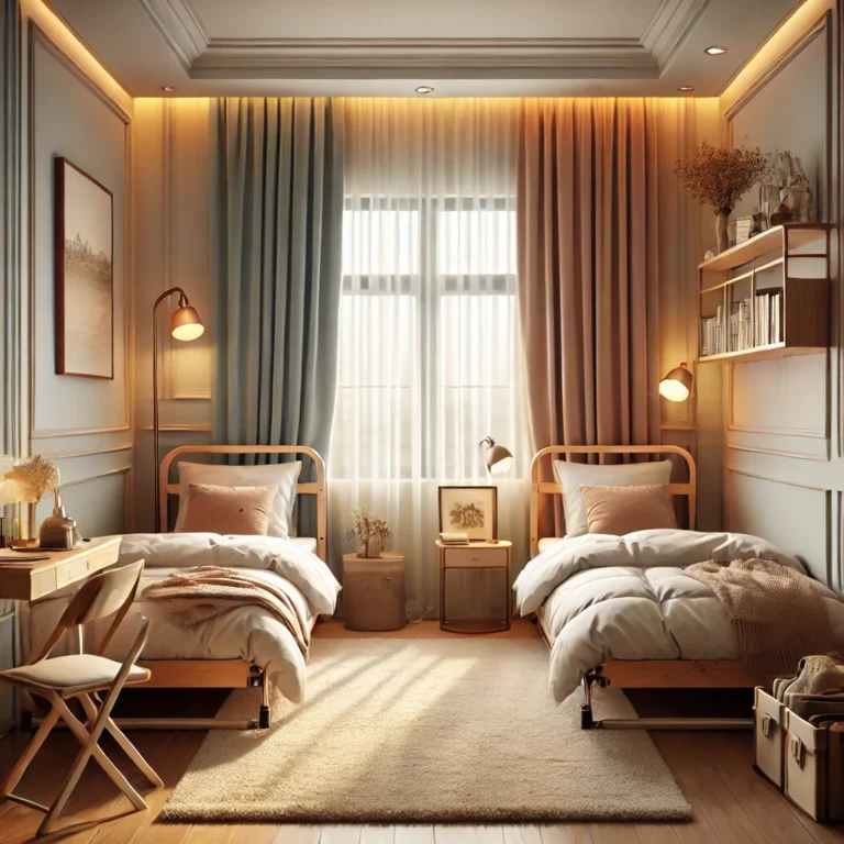 Two matching twin beds arranged side by side in a warm shared bedroom