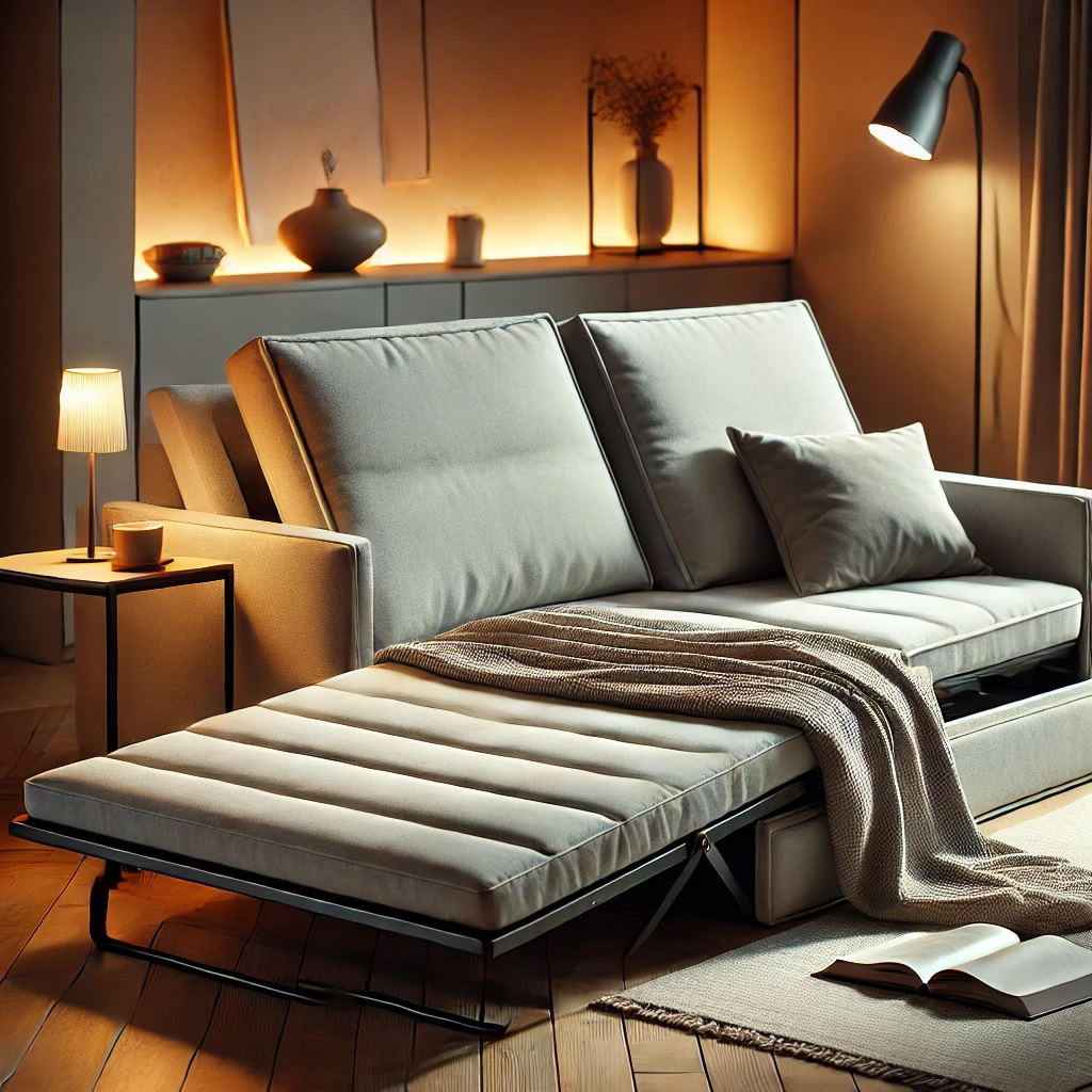 Modern living room featuring a folding couch bed extended for sleeping, styled with soft lighting and cozy decor.