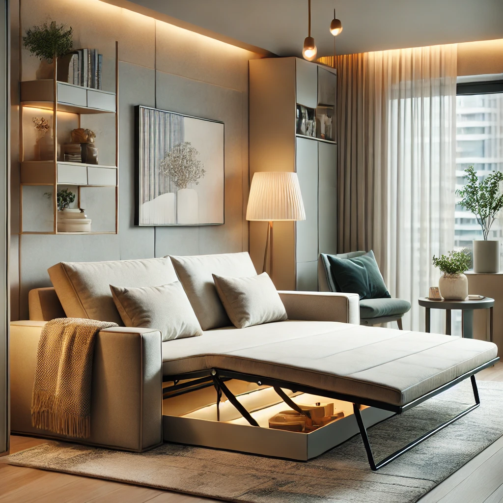Folding sofa bed partially extended in a stylish living room