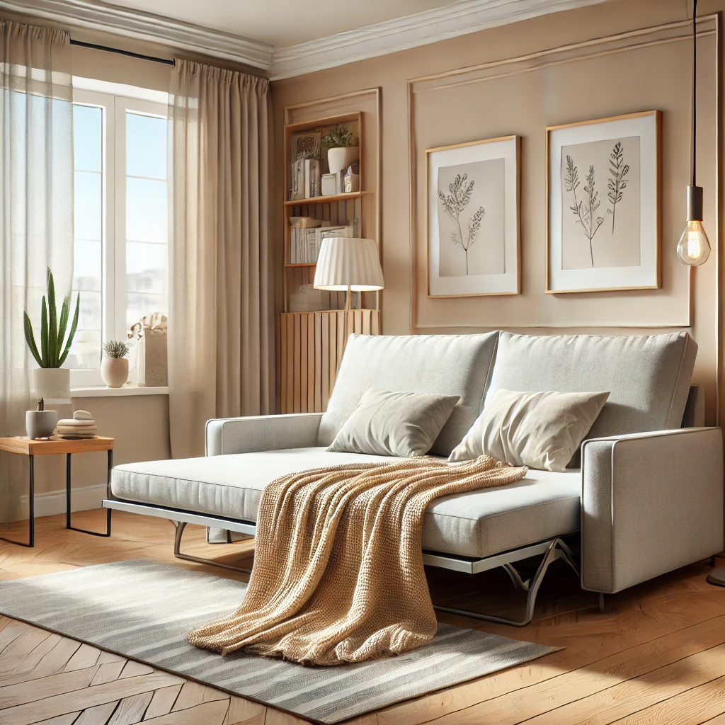 Scandinavian living room with a folding sofa bed for small spaces