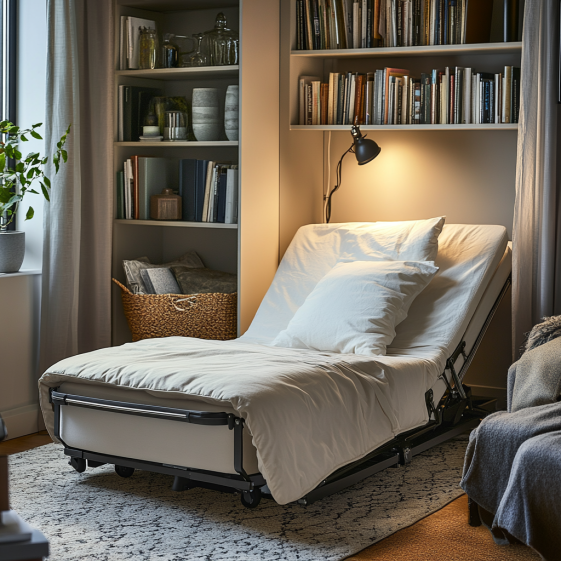 Fold up bed with mattress unfolded for sleeping