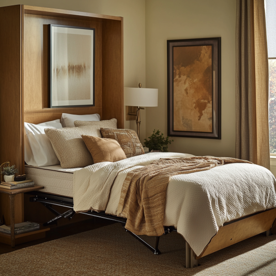 A fully extended fold away bed with mattress in a warm, inviting guest room. The bed is dressed with plush bedding and a throw pillow, with a reading lamp and framed artwork in the background, creating a welcoming space for overnight guests.