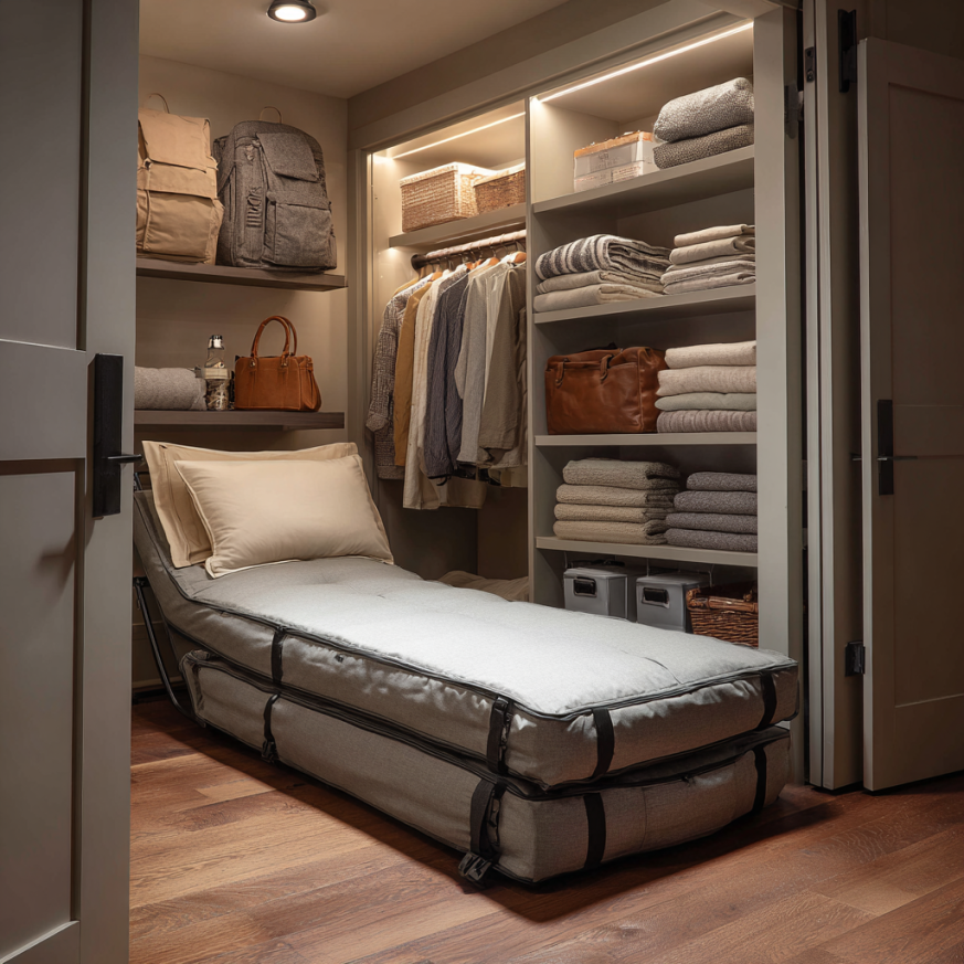folded twin bed stored in compact space