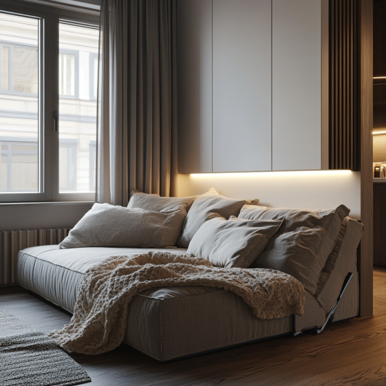 Folded-out couch bed in small urban living room