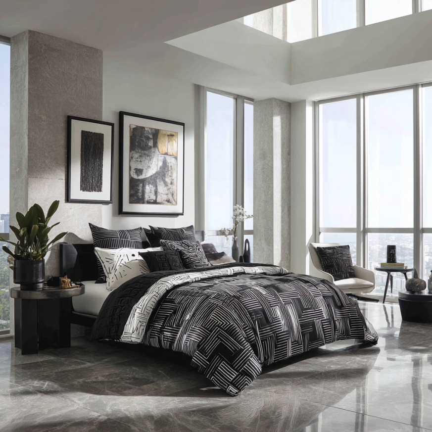 High-contrast monochrome bedding with tailored details
