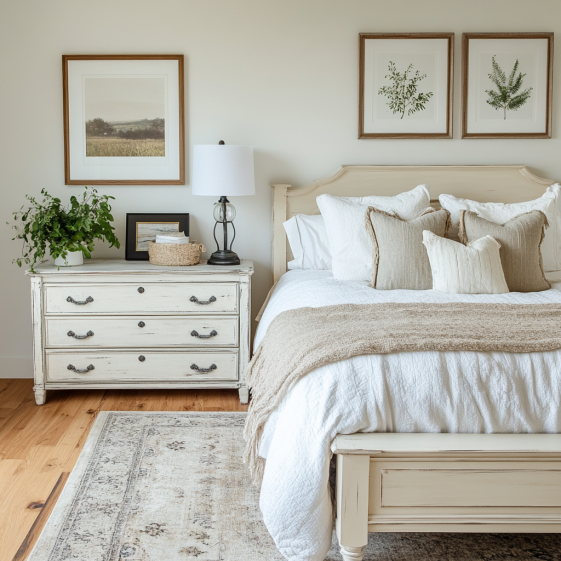 Ivory night stand with books and lamp next to a luxury wooden bed frame