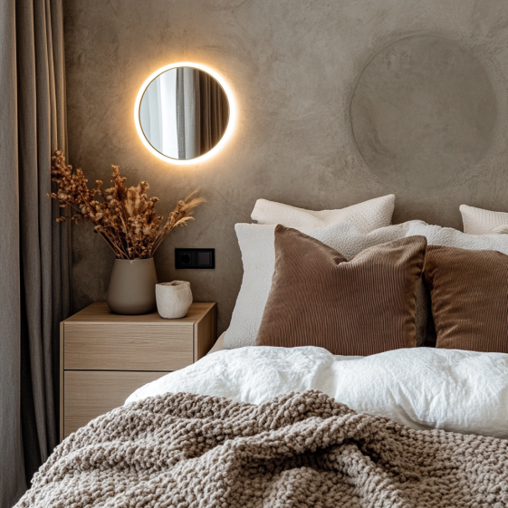 Modern bedroom decor with cozy accessories including velvet pillows and a knit throw